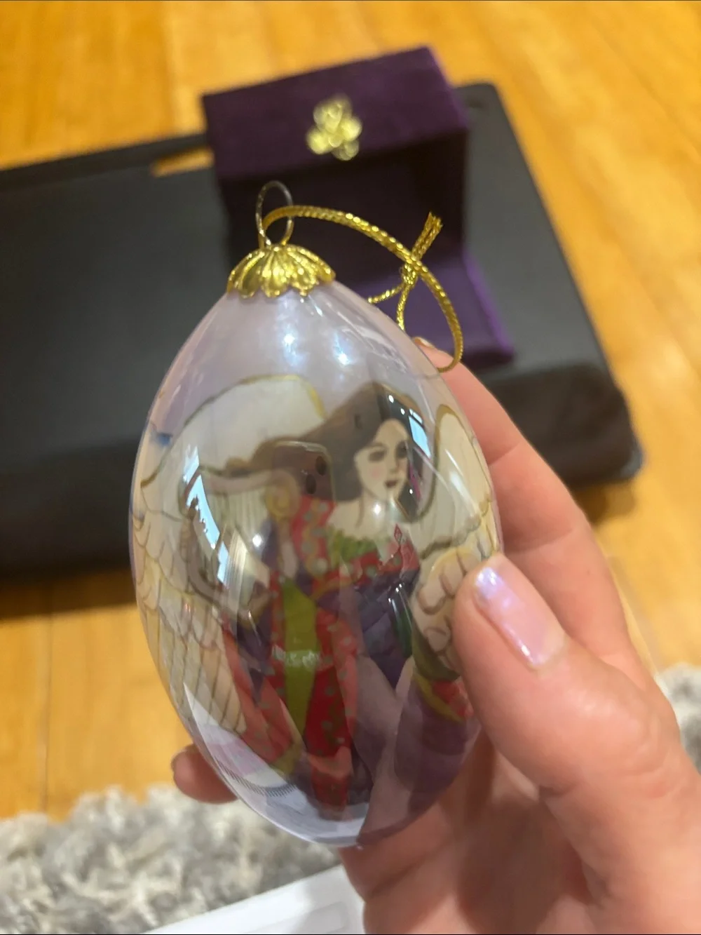Pier 1 Purple and Gold Reverse Hand-Painted Angel with Harp Ornament